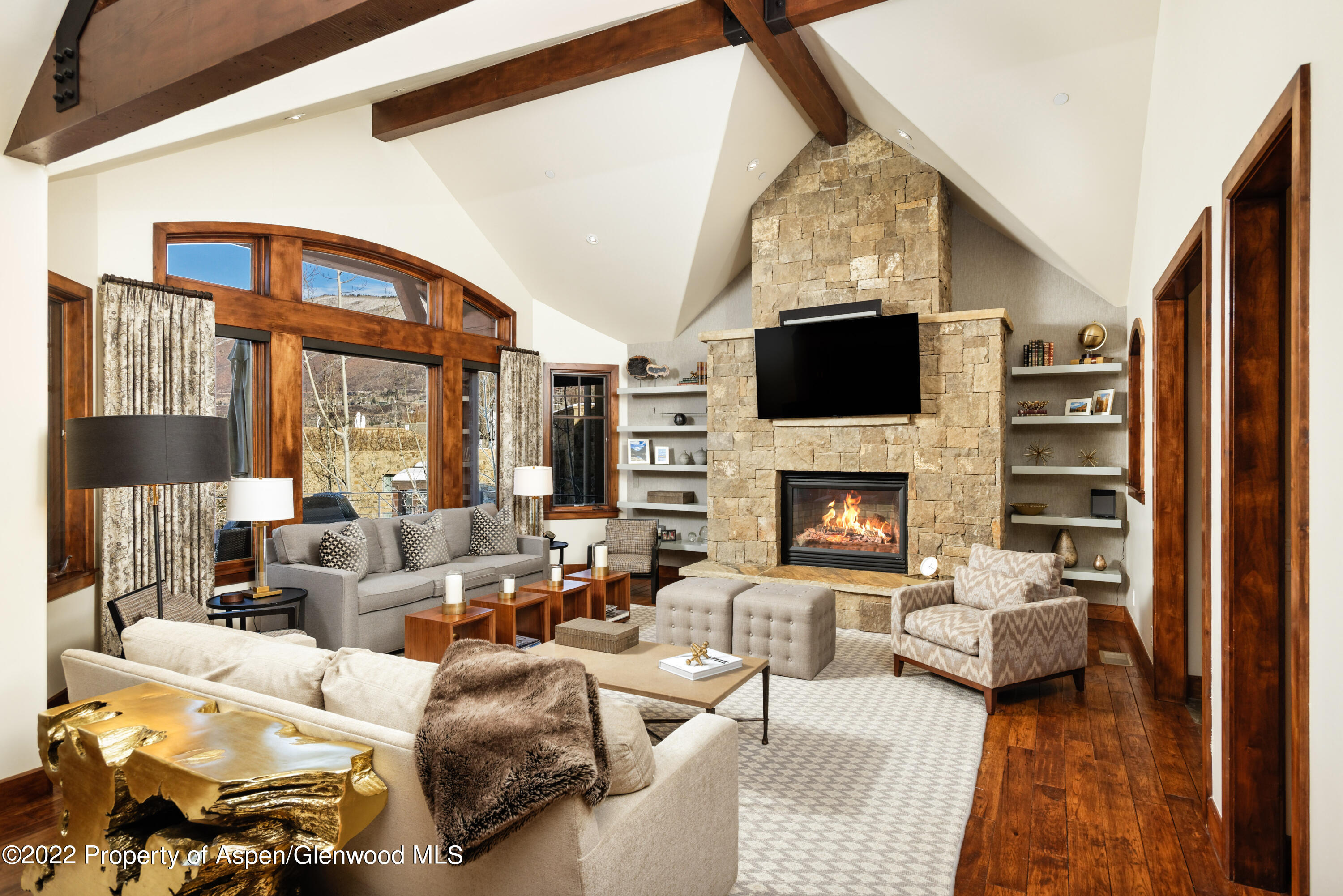 a living room with furniture a fireplace and a flat screen tv