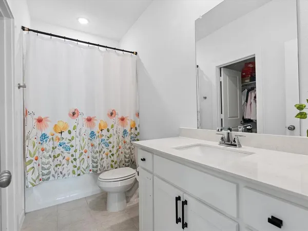 a bathroom with a sink a toilet and a large mirror