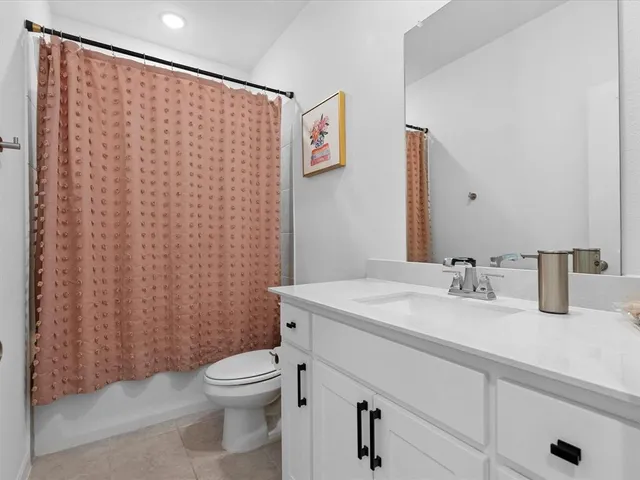 a bathroom with a sink a toilet and shower curtain