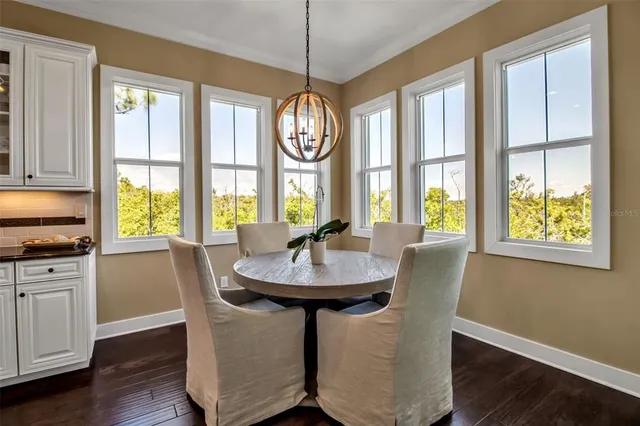 a view of a dining room with furniture window and wooden floor