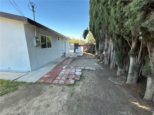 a view of a yard with plants and trees