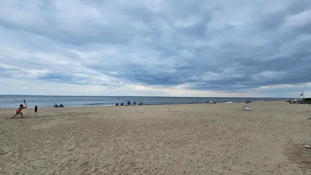 a view of a large body of water and beach