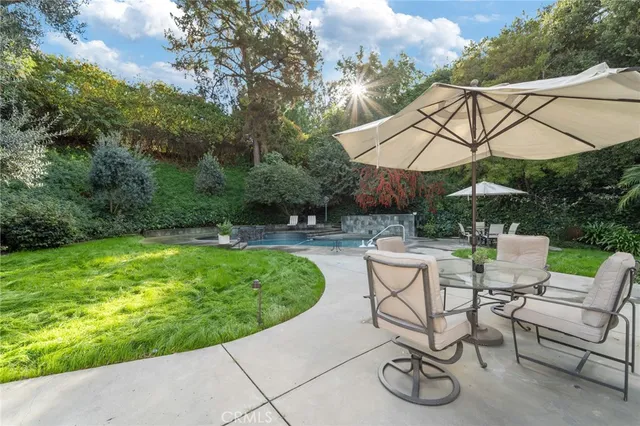 an aerial view of residential house with outdoor space and swimming pool