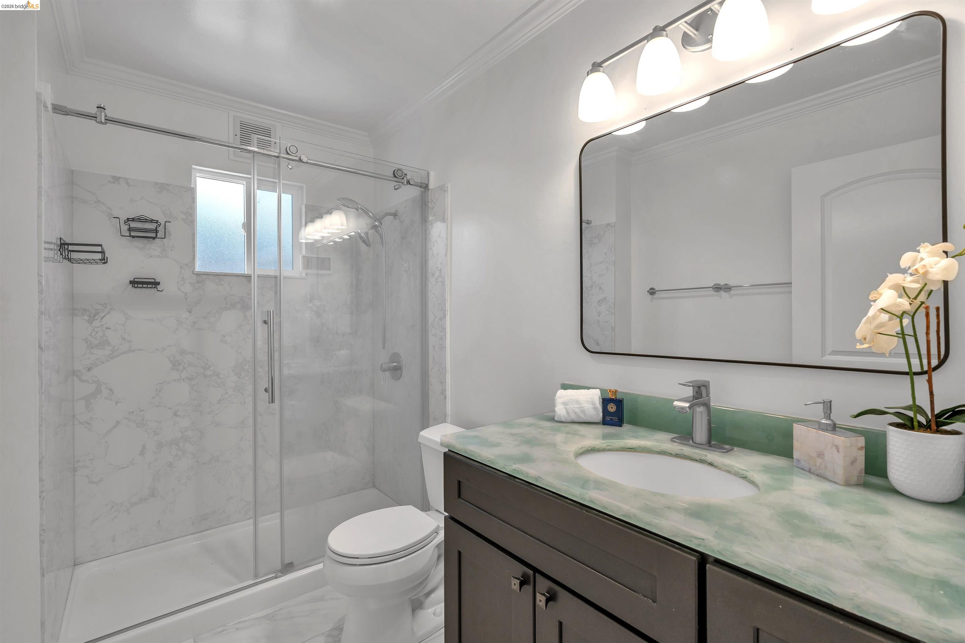 4352 Gem Avenue Castro Valley, CA 94546 - Photo 22 of 31 a bathroom with a granite countertop sink toilet and shower