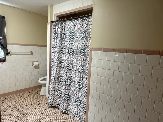 a bathroom with a shower and a toilet