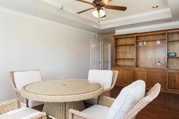 a view of a dining room with furniture