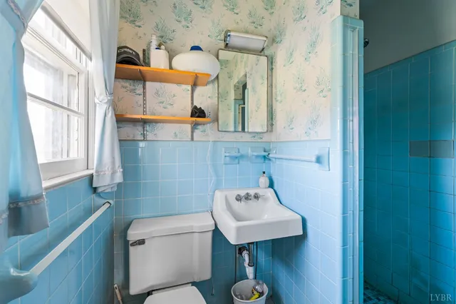 a bathroom with a sink a toilet and mirror