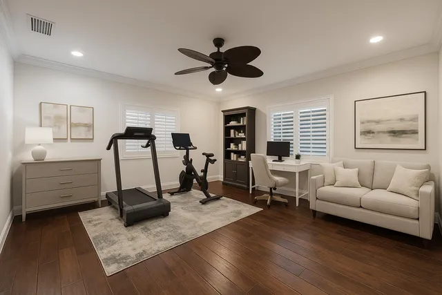 a dining room with furniture and window