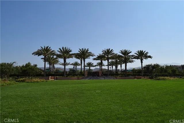 a backyard of a house with a garden and palm trees