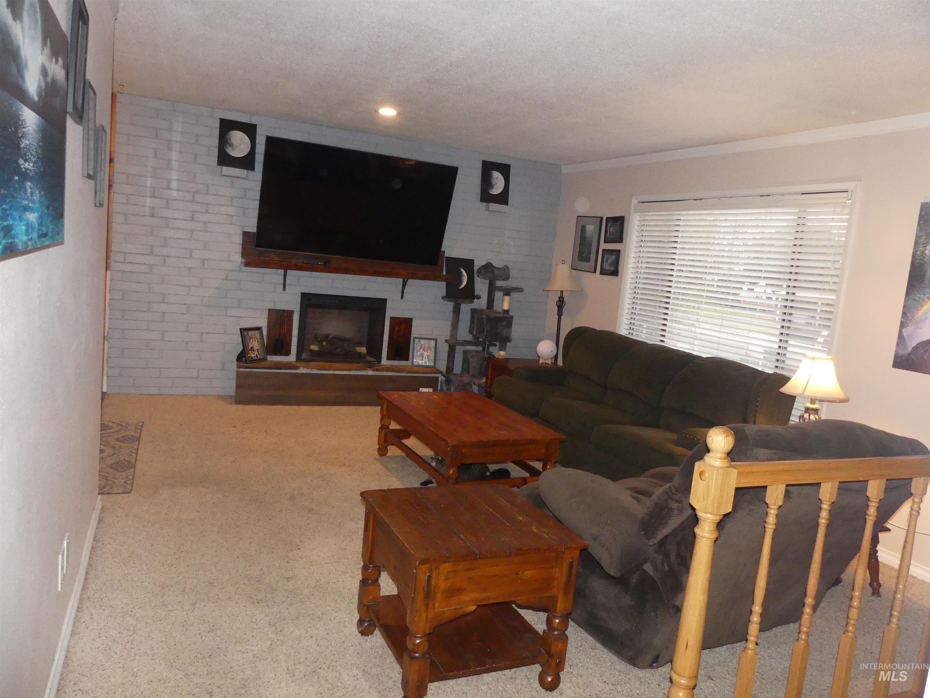 3427 18th Street Lewiston, ID 83501 - Photo 25 of 45 Carpeted living area with a fireplace and a textured ceiling
