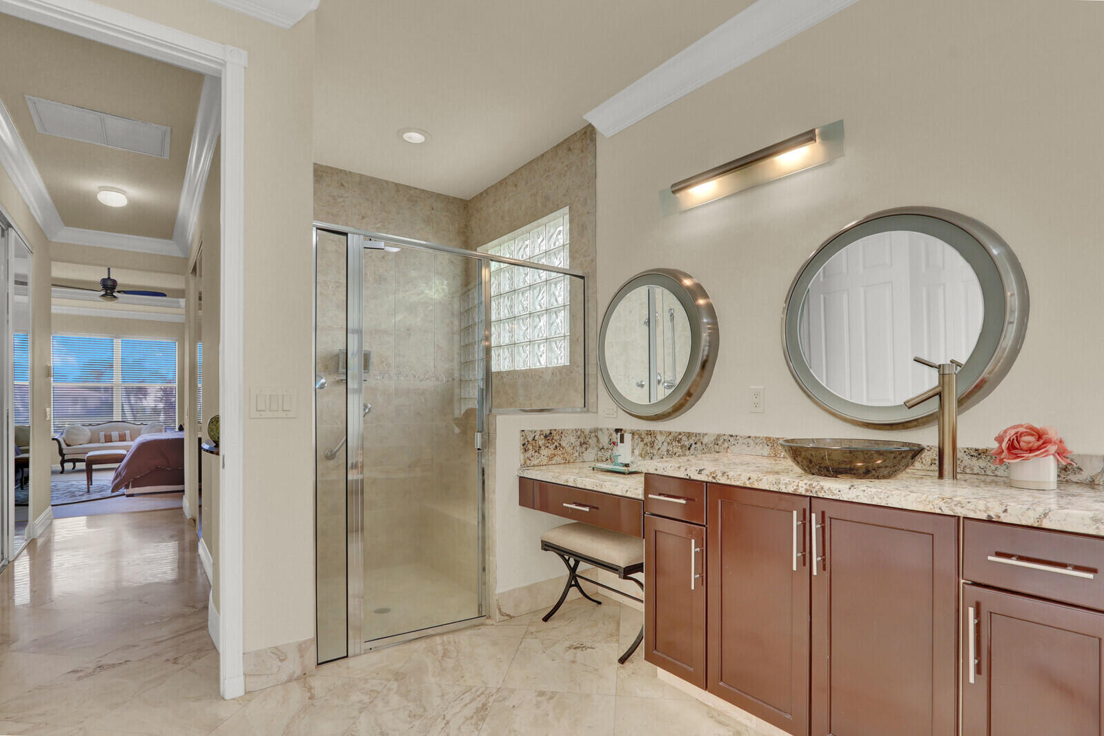 7349 Carmela Way Delray Beach, FL 33446 - Photo 30 of 82 a bathroom with a granite countertop double vanity sink and a mirror