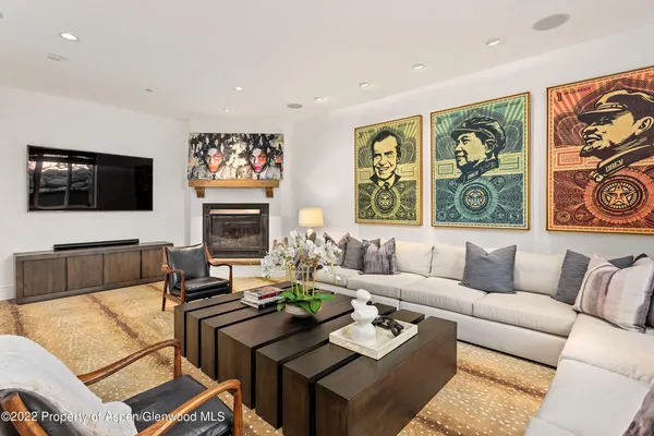 a living room with furniture a flat screen tv and a fireplace