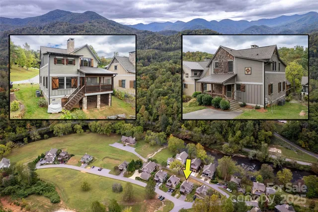 an aerial view of a house with swimming pool patio and outdoor seating