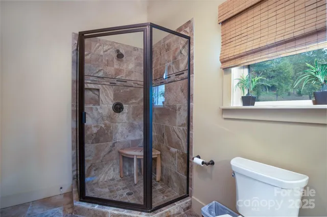 a bathroom with a shower a toilet and a window
