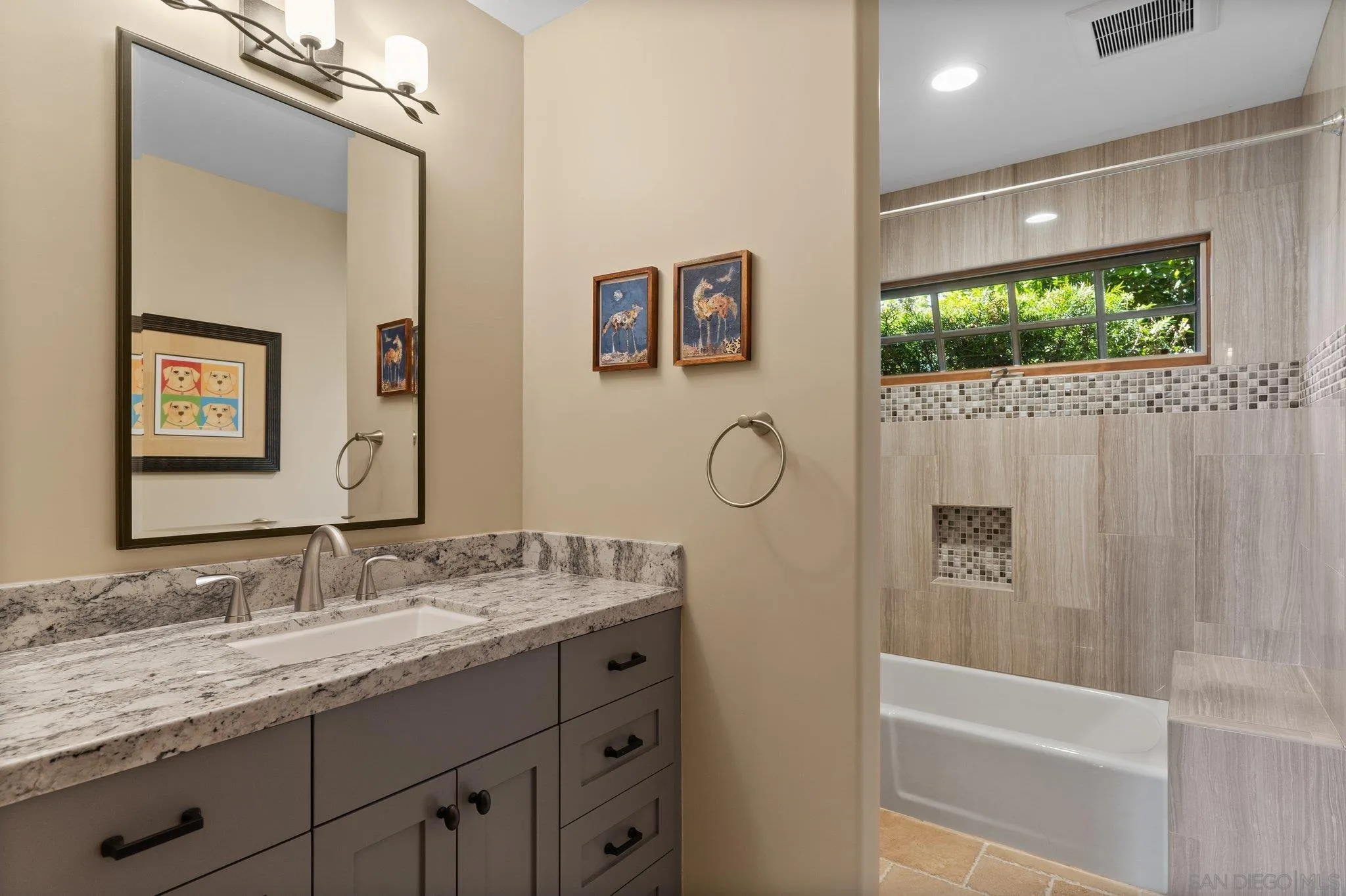 6286 Avenida Floresta Rancho Santa Fe, CA 92067 - Photo 34 of 69 a bathroom with a granite countertop sink a mirror and shower