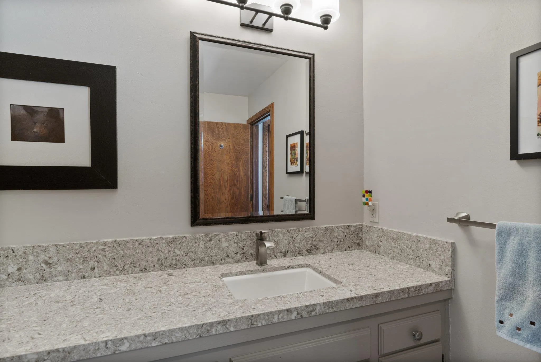 6286 Avenida Floresta Rancho Santa Fe, CA 92067 - Photo 49 of 69 a bathroom with a granite countertop sink and a mirror