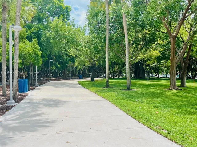 a view of a park with trees and wooden fence