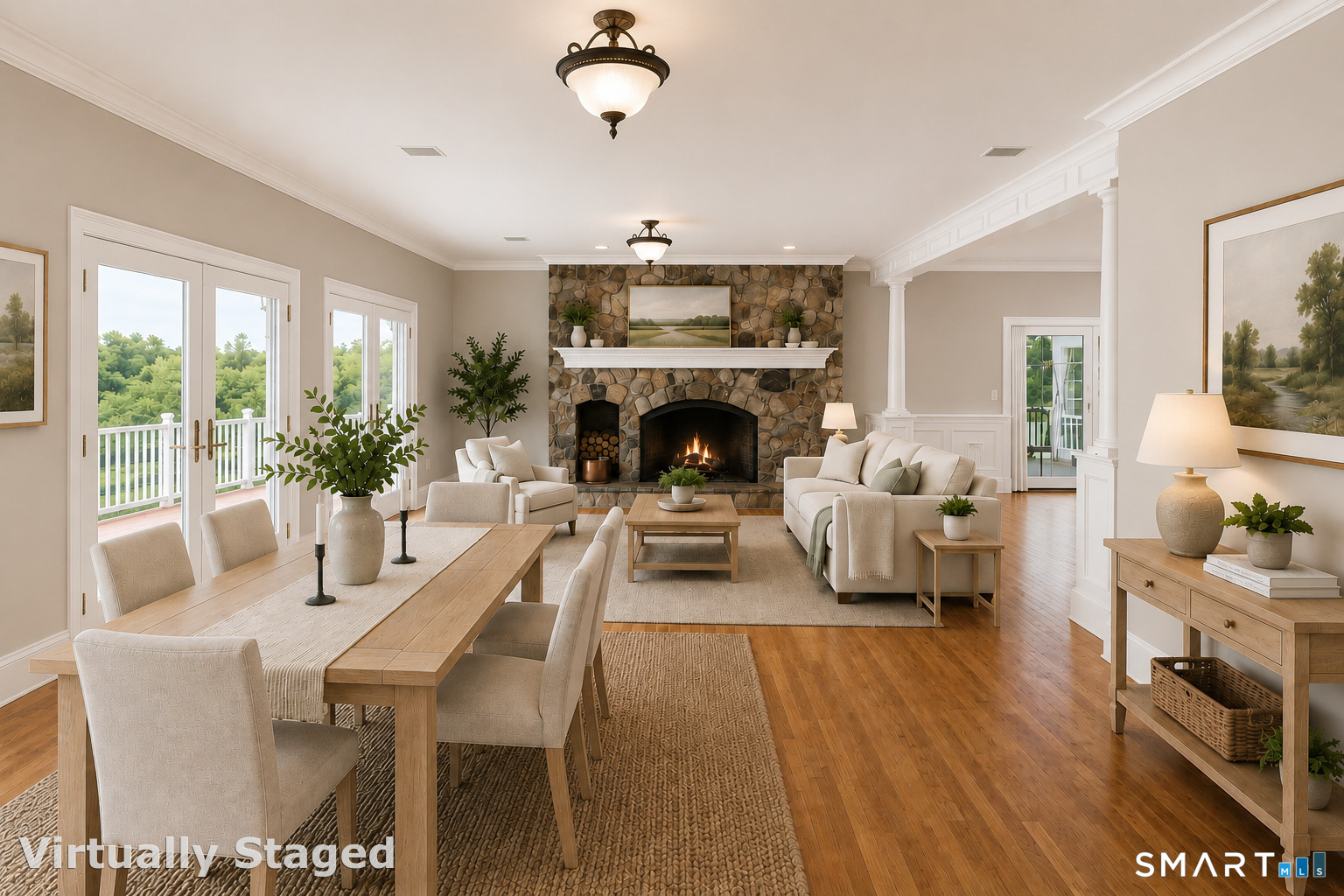 109 Long Meadow Hill Road Brookfield, CT 06804 - Photo 40 of 40 Open floor plan from kitchen, dining area to family room with the stone fireplace as a focal point