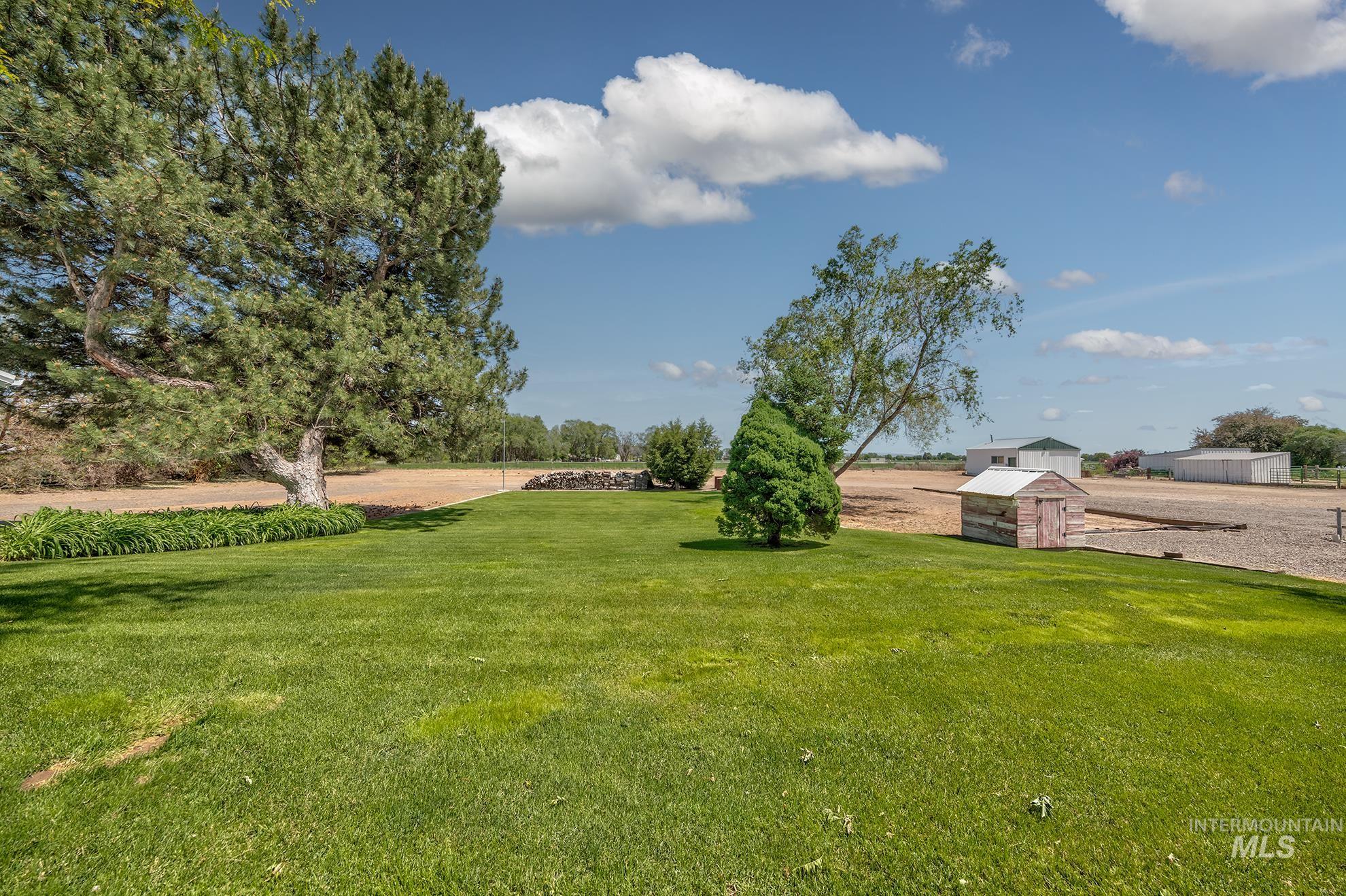 748 Pringle Road Weiser, ID 83672 - Photo 39 of 47 Expansive green lawn featuring mature trees, a small shed with a white metal roof, and distant outbuildings