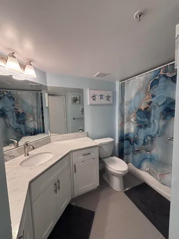 a bathroom with a double vanity sink mirror and toilet