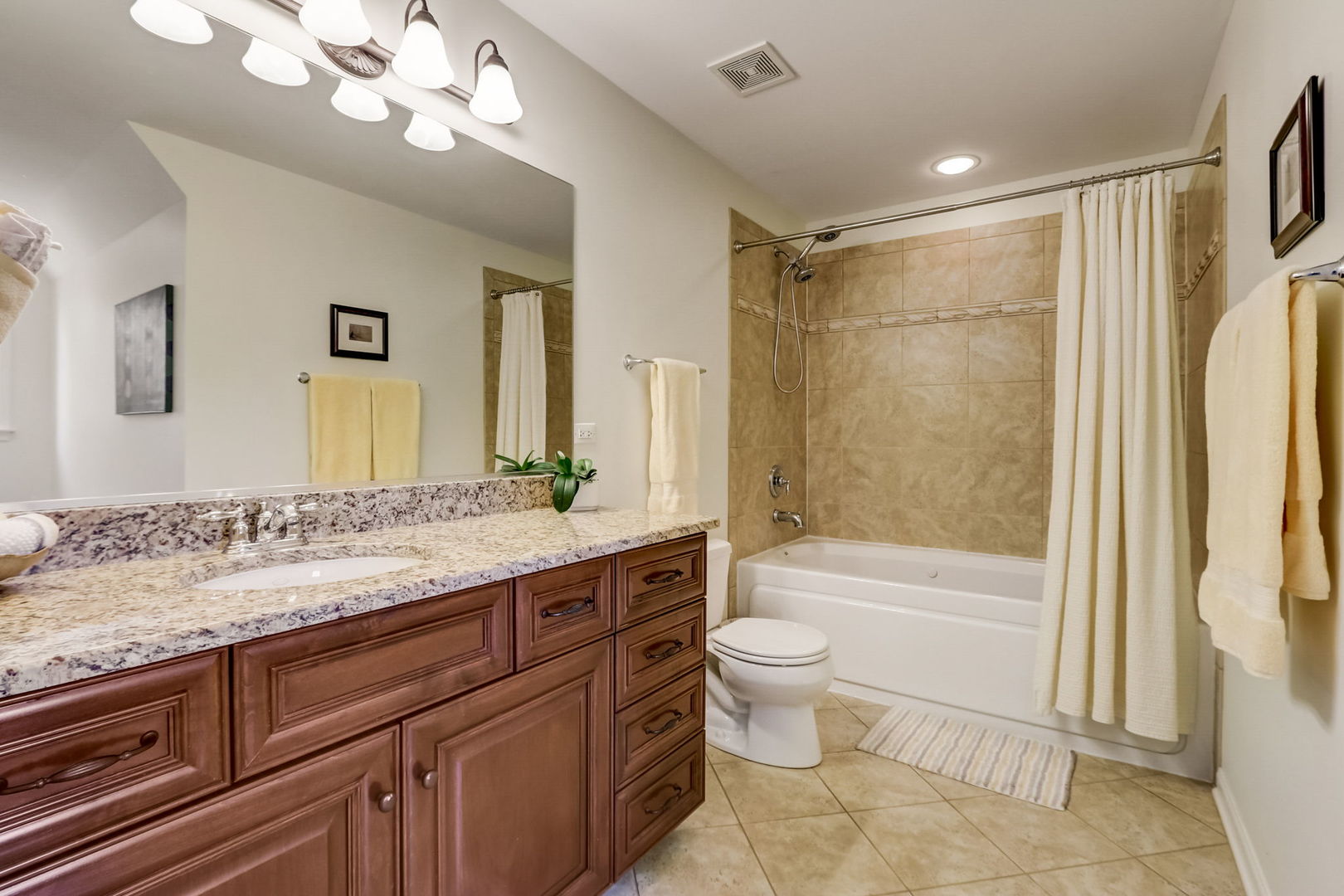 3462 Wild Prairie Lane Geneva, IL 60134 - Photo 31 of 59 a bathroom with a granite countertop sink a toilet a mirror a bathtub and shower