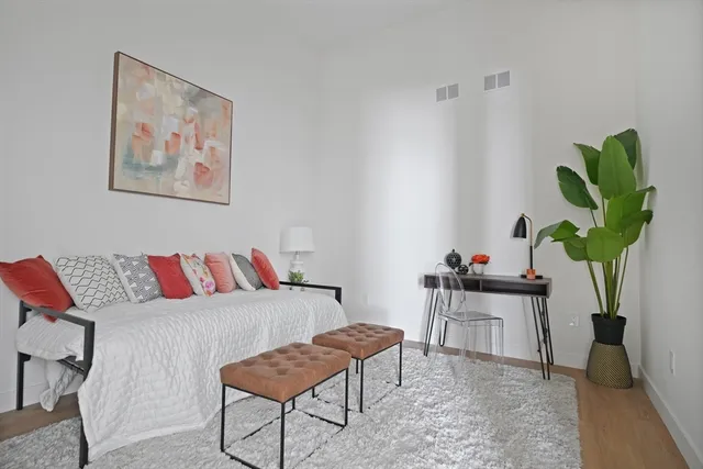 a living room with furniture flowerpot and a potted plant