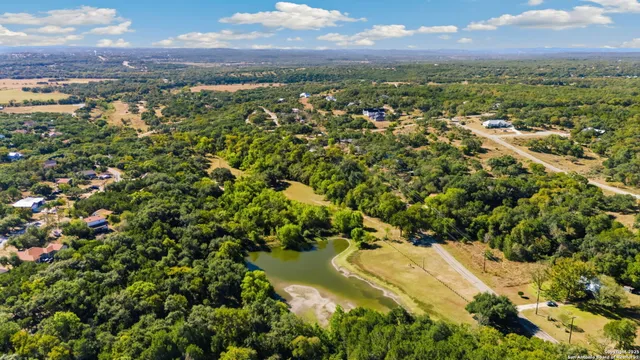 an aerial view of residential houses with outdoor space and trees