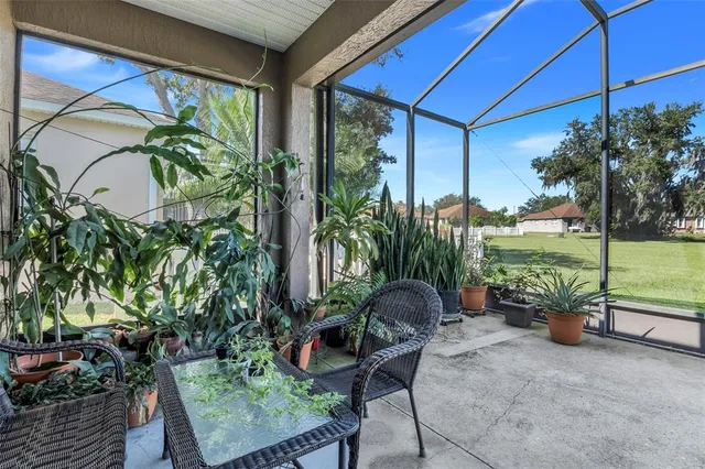 a garden view with a seating space