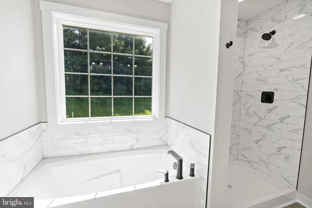 a bathroom with a bathtub and shower