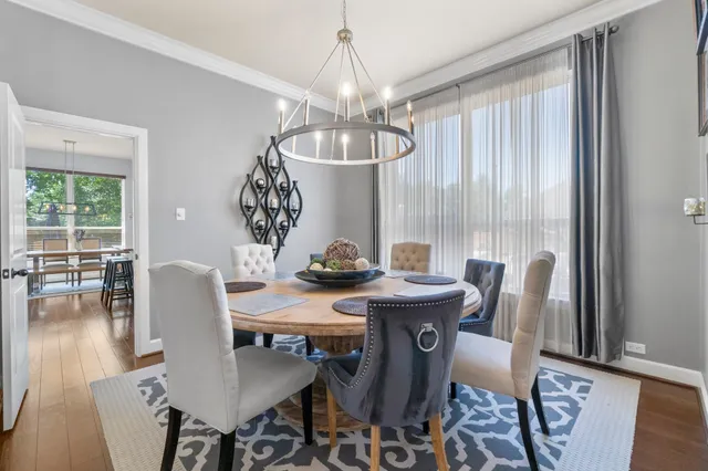 a view of a dining room with furniture