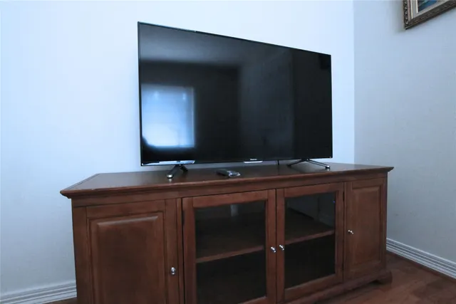 a bed room with a bed and a television