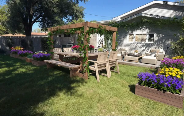 a view of a chairs and tables in the backyard of a house