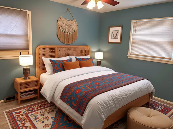 a bedroom with a bed and lamp