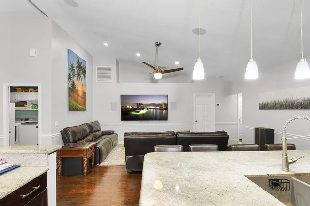 a view of a backyard with plants and large trees