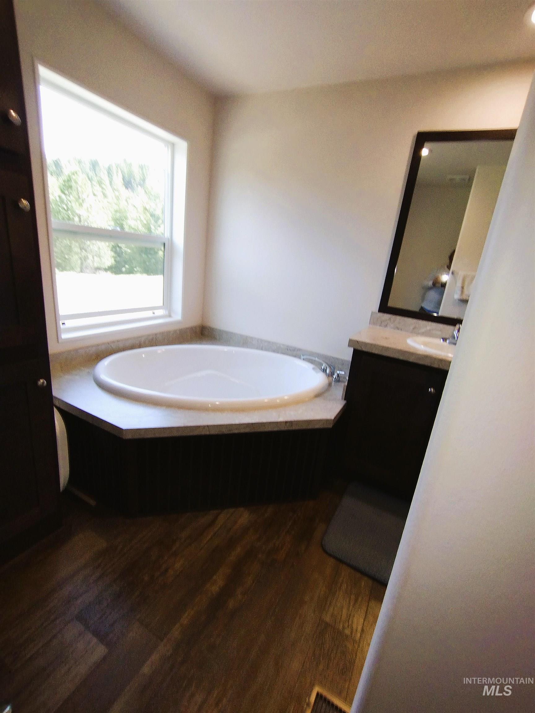 142 Shenandoah Third Street Kamiah, ID 83536 - Photo 34 of 50 Full bath featuring vanity, a bath, and dark wood-style floors