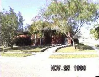 a view of a yard with yellow lighting