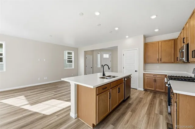 a kitchen with sink stove and refrigerator