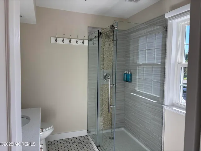 a bathroom with a shower and a toilet