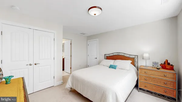 a bedroom with a bed and a closet