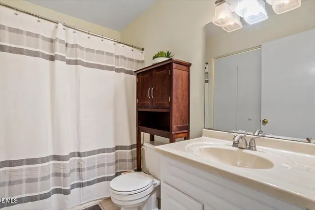 a bathroom with a sink a toilet a mirror and shower curtain