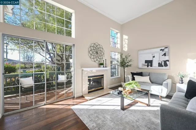 a living room with furniture a fireplace and a floor to ceiling window