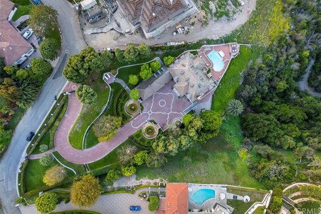 an aerial view of a swimming pool with a yard and plants