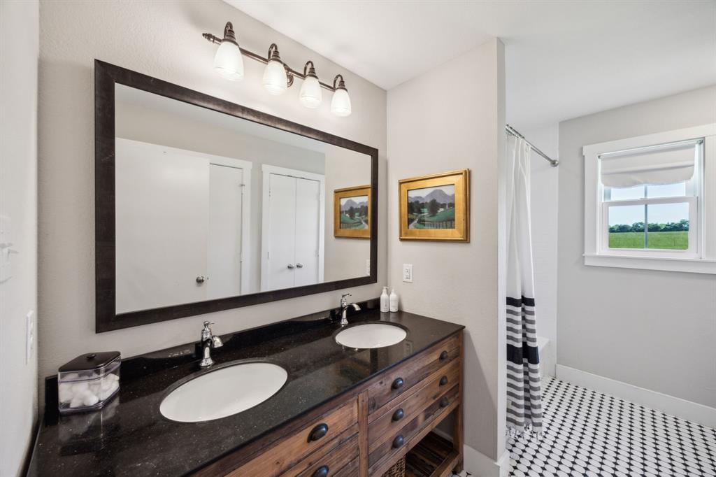 5905 Cr-1093 Celeste, TX 75423 - Photo 27 of 40 a bathroom with a granite countertop sink a mirror and a shower