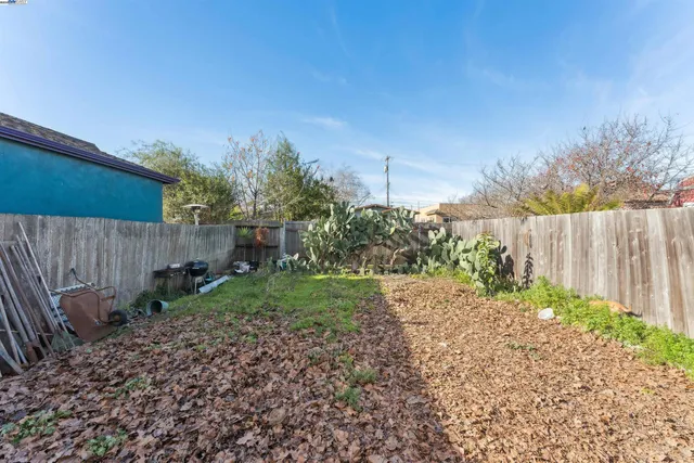 a view of a backyard with plants and wooden fence