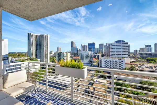 a city view with tall buildings