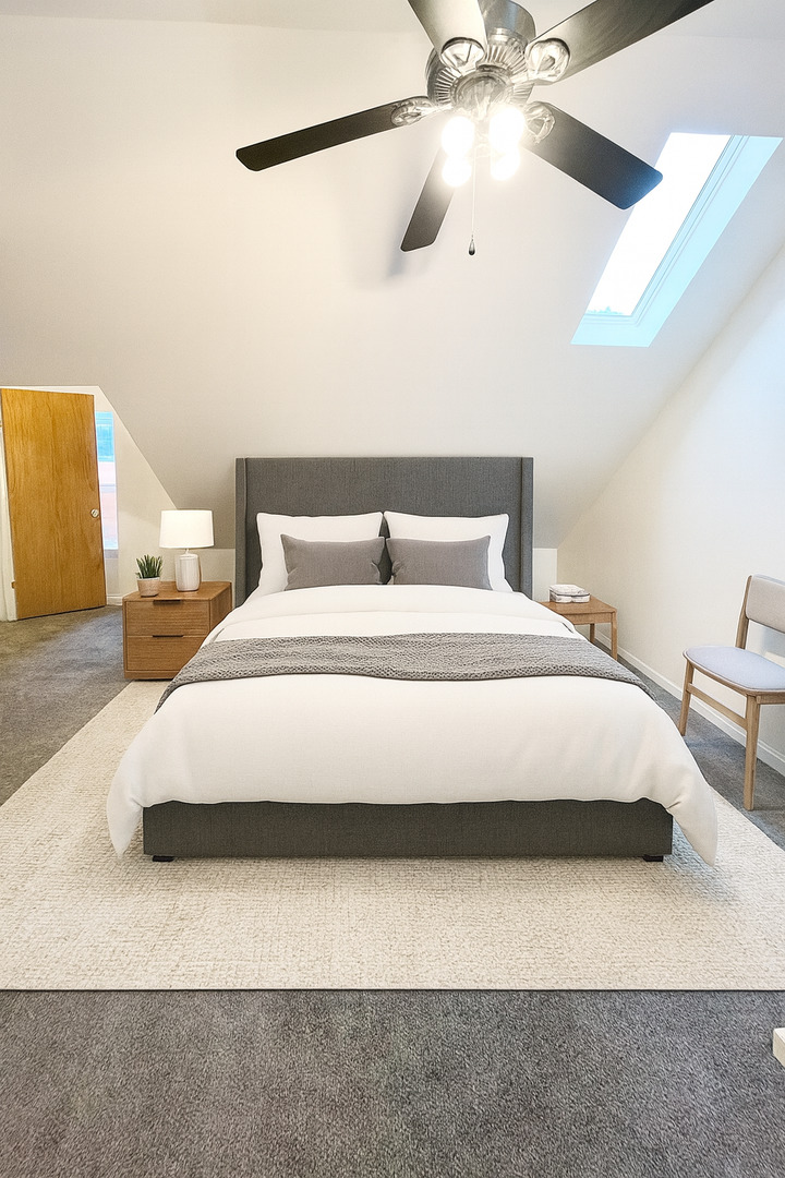 3227 South Carpenter Street, Unit 4F Chicago, IL 60608 - Photo 6 of 12 a bedroom with a bed and a ceiling fan