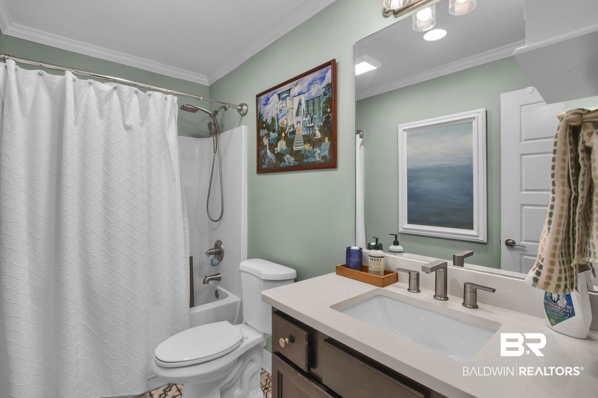 203 Lakefront Circle Summerdale, AL 36580 - Photo 48 of 69 Full bathroom with shower / tub combo, crown molding, vanity, and toilet