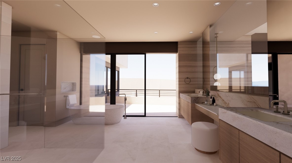 555 Grand Rim Drive Henderson, NV 89012 - Photo 16 of 20 (Virtual Rendering) Primary Bathroom. Walk-in shower, stand-alone tub and dual vanity.