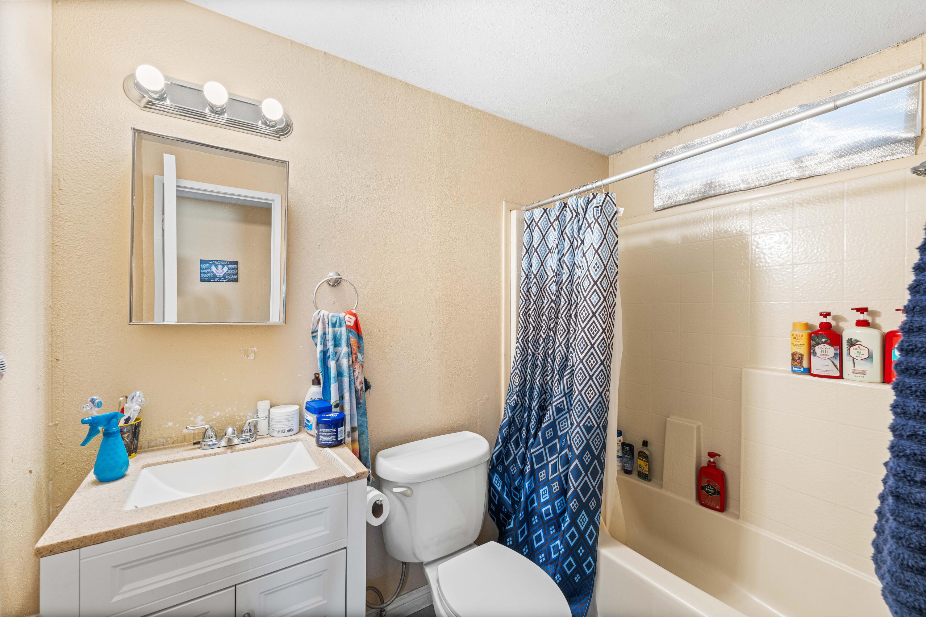 4824 Sacramento Road Phelan, CA 92371 - Photo 20 of 28 a bathroom with a sink a toilet and shower curtain