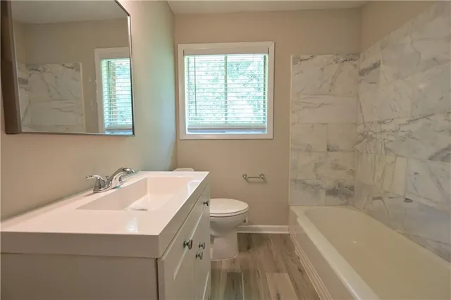 a bathroom with a sink a toilet and bathtub
